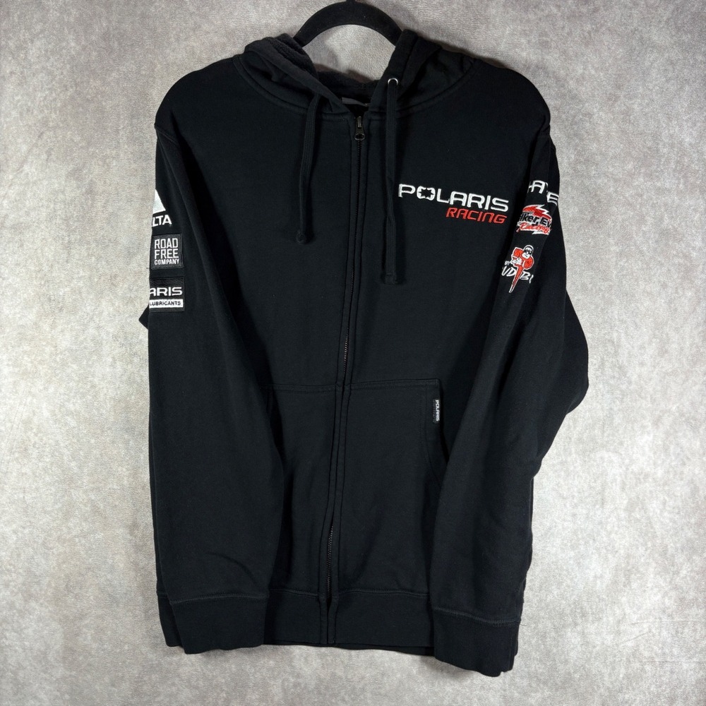 Polaris Full Zip Hoodie Mens Small Black Race Racing Graphic Embroidered Skater